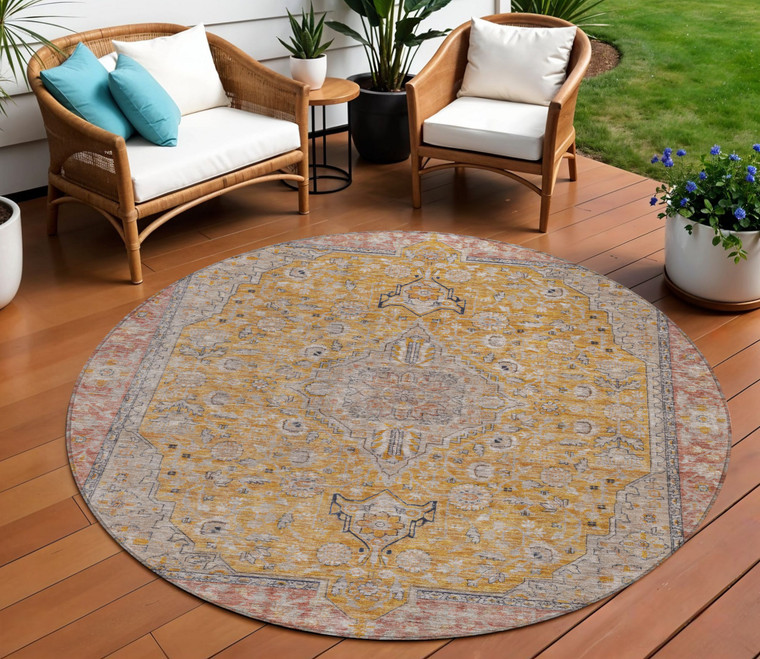 8' Gold And Peach Round Medallion Washable Indoor Outdoor Area Rug