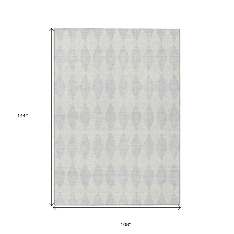 9' X 12' Silver And Ivory Geometric Washable Indoor Outdoor Area Rug