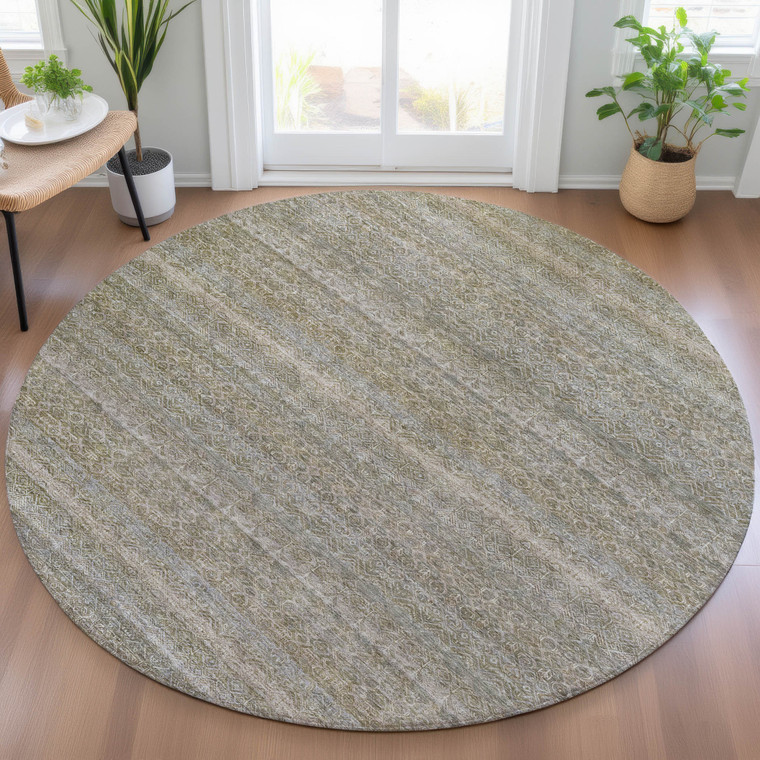 8' Khaki And Beige Round Striped Washable Indoor Outdoor Area Rug