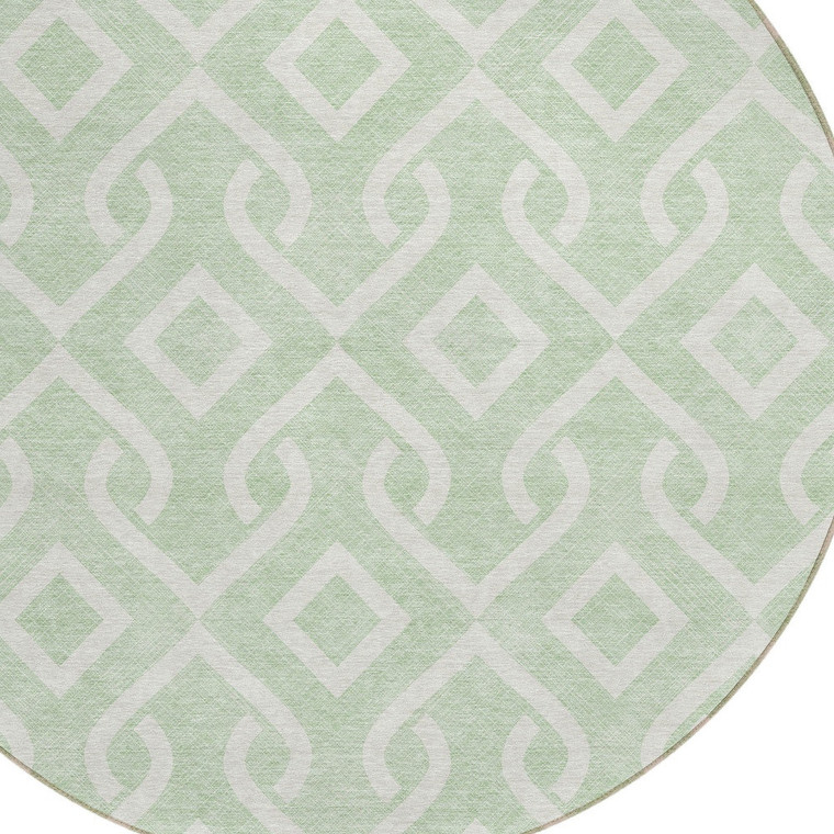 8' Mint Green And Ivory Round Geometric Washable Indoor Outdoor Area Rug