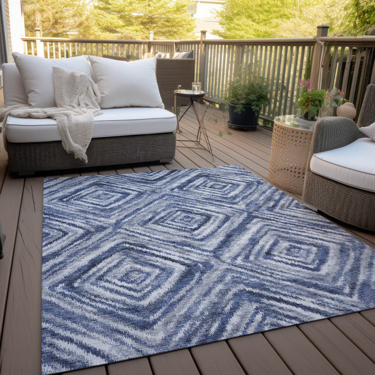 8' X 10' Navy Blue And Sky Blue Geometric Washable Indoor Outdoor Area Rug Transitional Style - Navy Blue, Sky Blue Color
