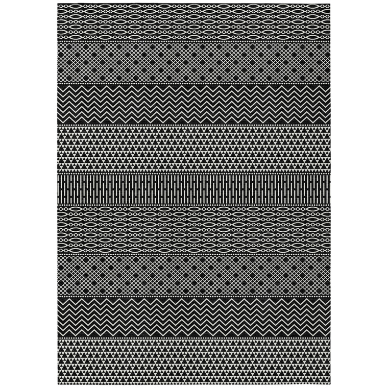 10' X 14' Black And Ivory Chevron Washable Indoor Outdoor Area Rug - Black, Ivory