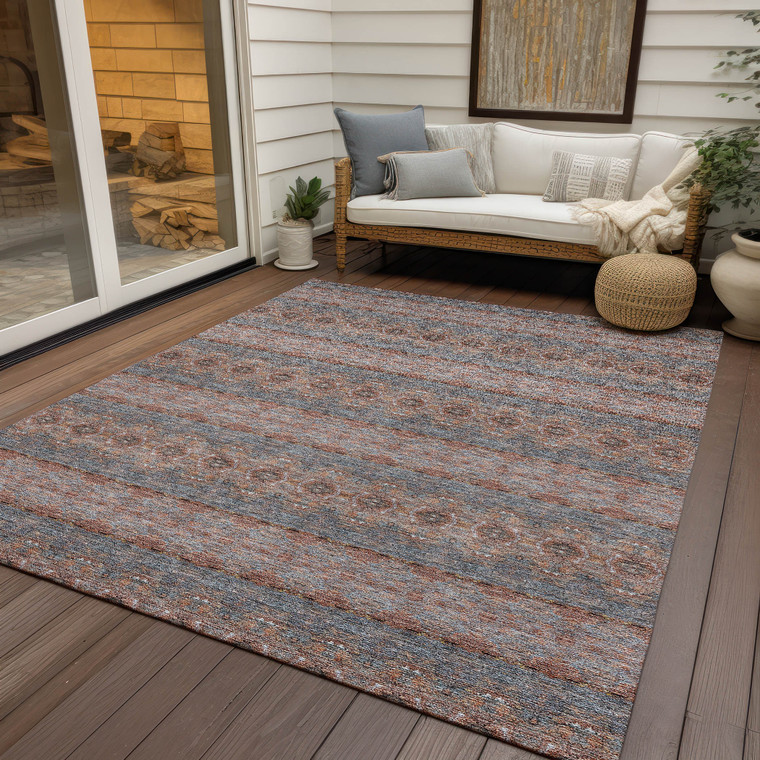 10' X 14' Orange Copper And Gray Floral Medallion Washable Indoor Outdoor Area Rug