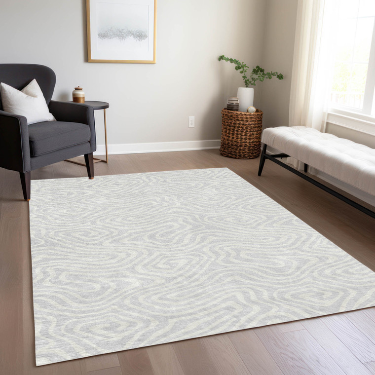 8' X 10' Silver And Gray Abstract Washable Indoor Outdoor Area Rug Transitional Style - Silver, Gray Color