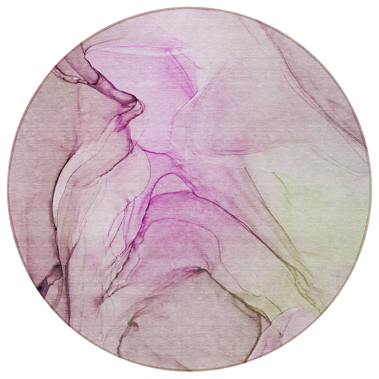 8' Round Pink Round Abstract Washable Non Skid Indoor Outdoor Area Rug