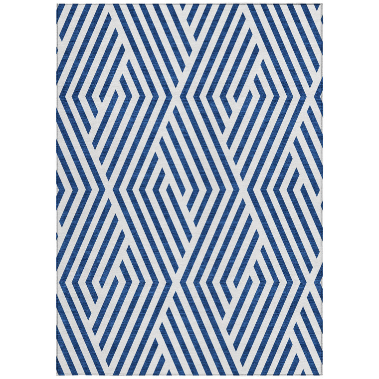 10' X 14' Navy and White Geometric Washable Non Skid Indoor Outdoor Area Rug
