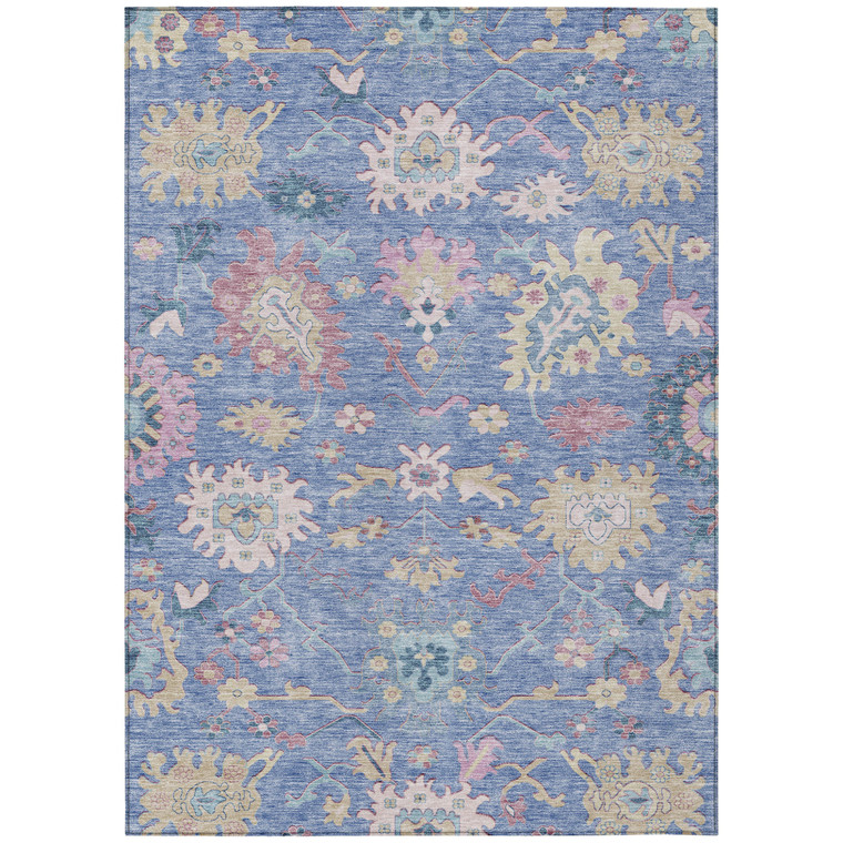 9' X 12' Blue Pink And Ivory Floral Washable Indoor Outdoor Area Rug