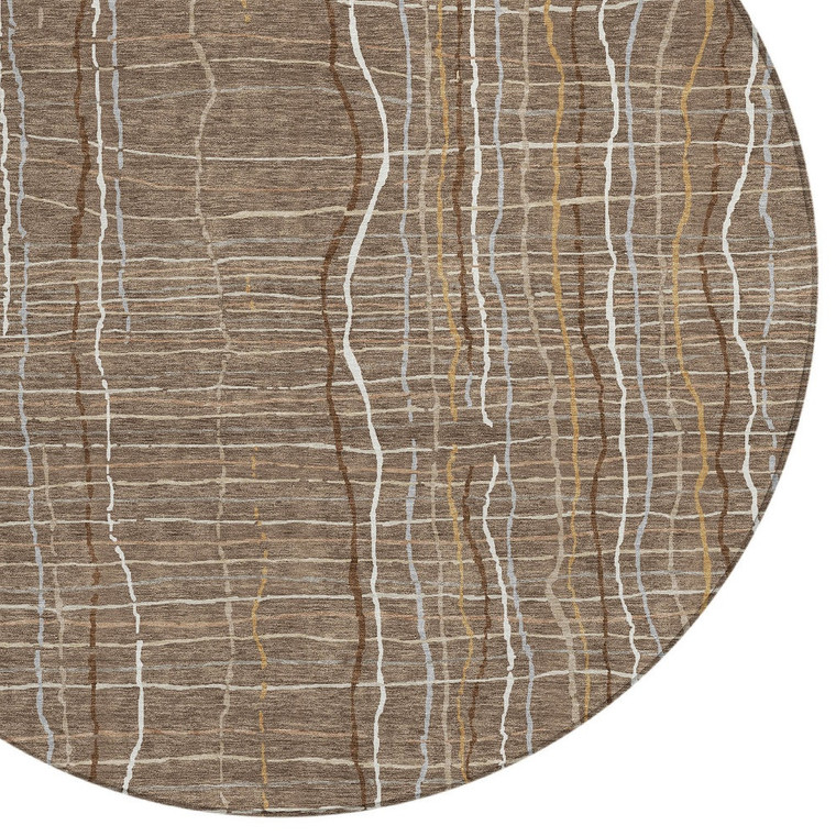 8' Taupe Brown And Ivory Round Striped Washable Indoor Outdoor Area Rug