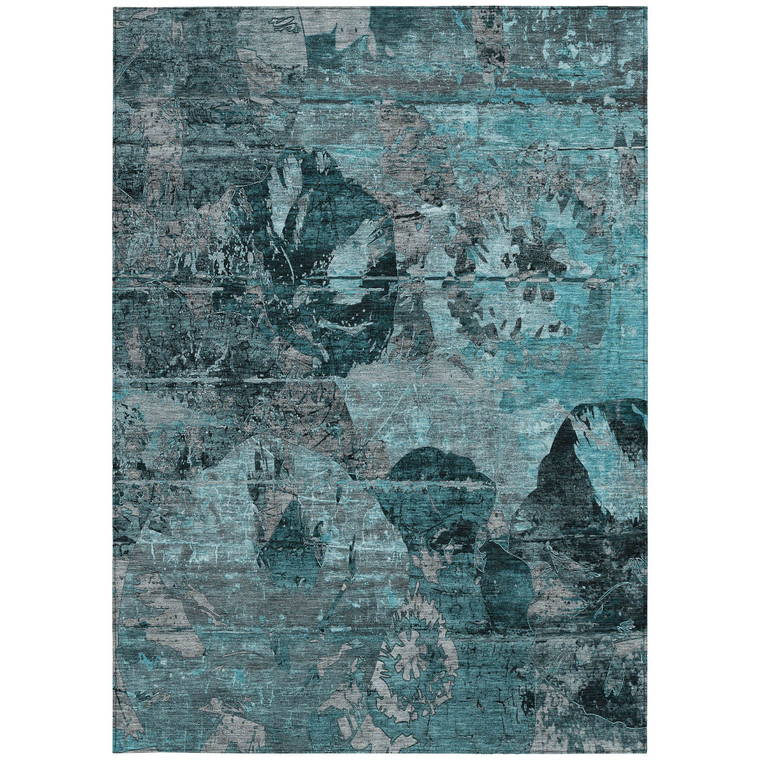 9' X 12' Teal Blue And Gray Floral Washable Indoor Outdoor Area Rug
