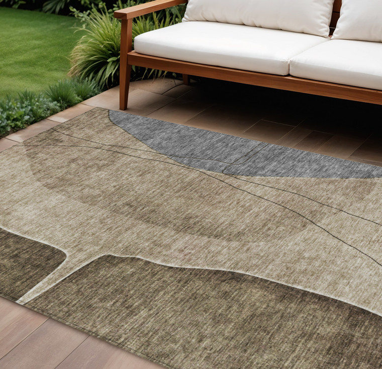 8' X 10' Brown Taupe And Beige Abstract Washable Indoor Outdoor Area Rug