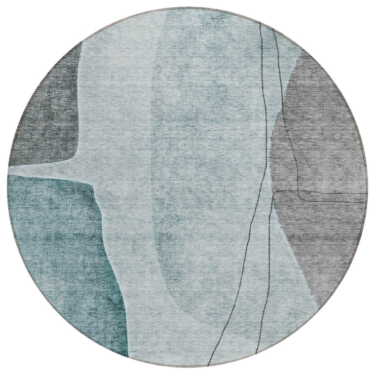 8' Teal Blue Aqua And Gray Round Abstract Washable Indoor Outdoor Area Rug Transitional Style - Teal Blue, Aqua, Gray Color