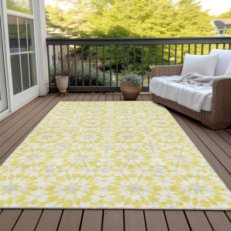 10' X 14' Yellow Ivory And Gray Floral Medallion Washable Indoor Outdoor Area Rug