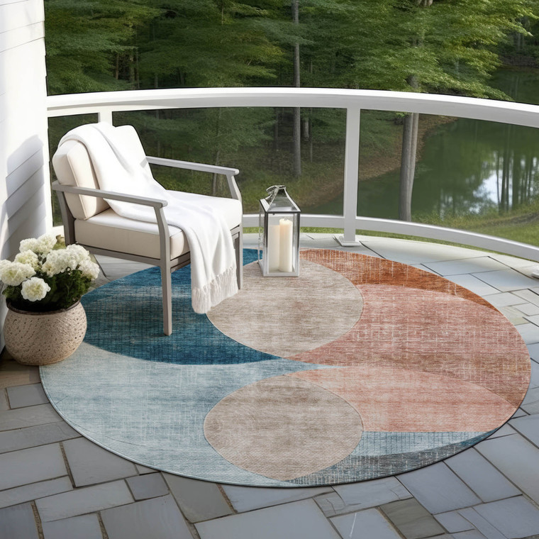 8' Rust Beige And Teal Blue Round Geometric Washable Indoor Outdoor Area Rug