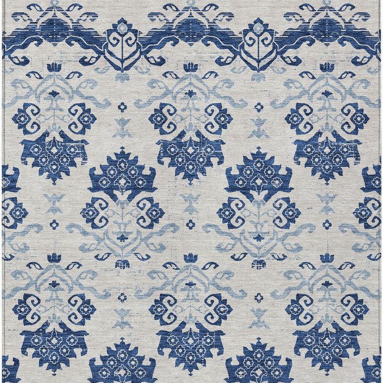 9' X 12' Navy Blue Beige And Denim Blue Oriental Washable Indoor Outdoor Area Rug