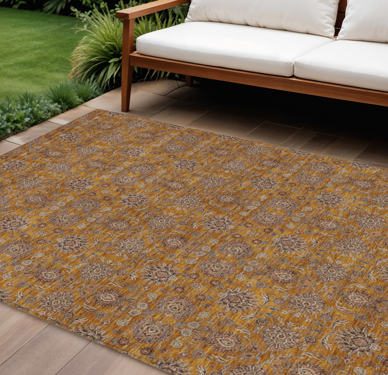 9' X 12' Copper Beige And Taupe Floral Washable Indoor Outdoor Area Rug