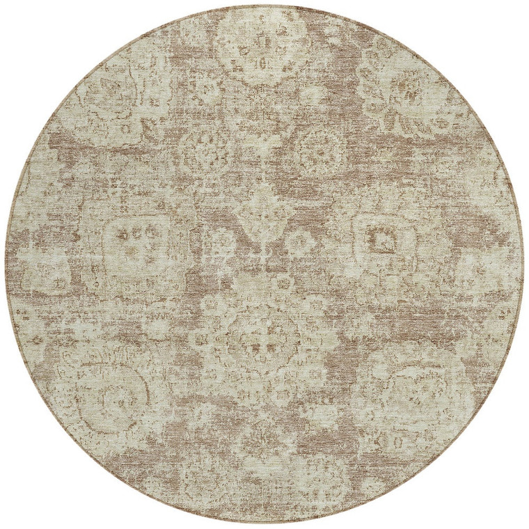 8' Brown Tan And Beige Round Floral Washable Indoor Outdoor Area Rug