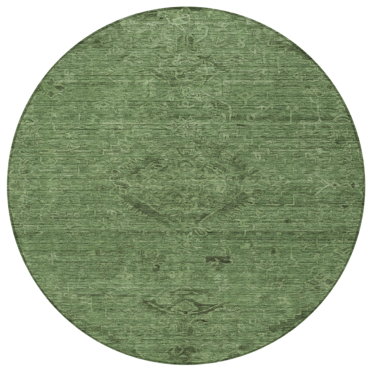 8' Fern Green And Dark Green Round Floral Washable Indoor Outdoor Area Rug