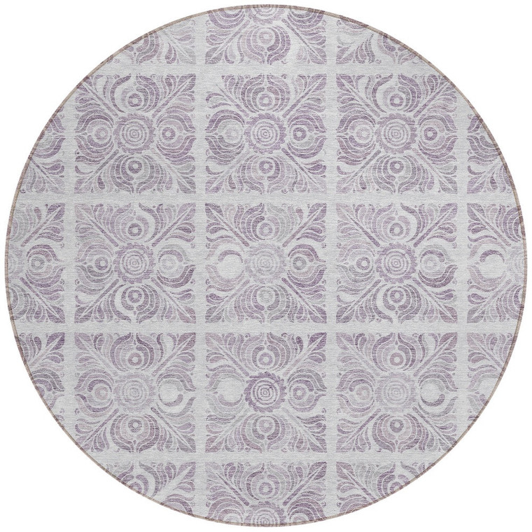 8' Lavender And Silver Round Medallion Washable Indoor Outdoor Area Rug