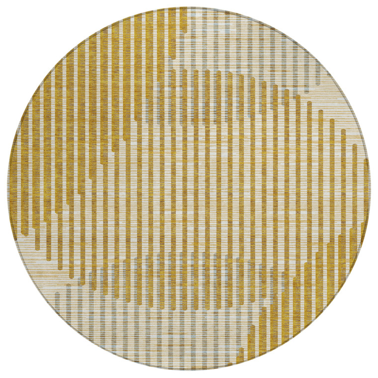 8' Gold And Beige Round Geometric Washable Indoor Outdoor Area Rug Transitional Style - Gold, Beige Color