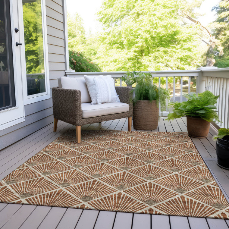 9' X 12' Brown Copper And Beige Geometric Washable Indoor Outdoor Area Rug