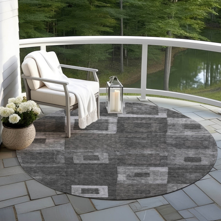 8' Black And Gray Round Geometric Washable Indoor Outdoor Area Rug Transitional Style - Black, Gray Color