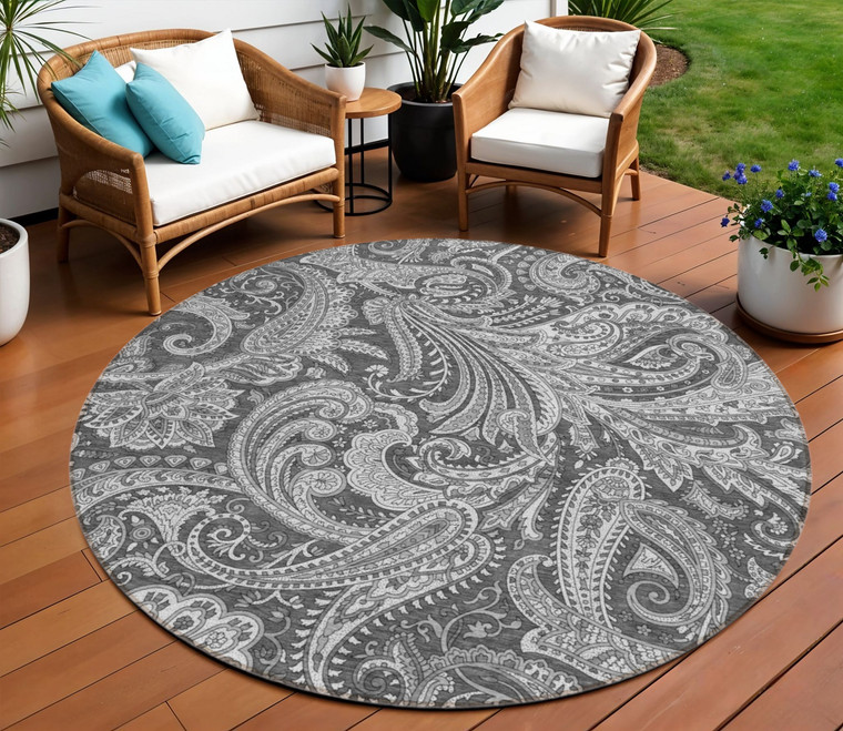 8' Gray Charcoal And Ivory Round Paisley Washable Indoor Outdoor Area Rug