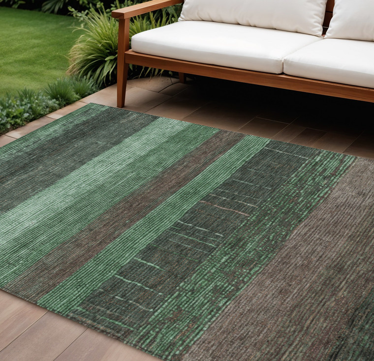 8' X 10' Green And Khaki Striped Washable Indoor Outdoor Area Rug