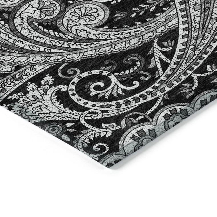 10' X 14' Black Gray And White Paisley Washable Indoor Outdoor Area Rug