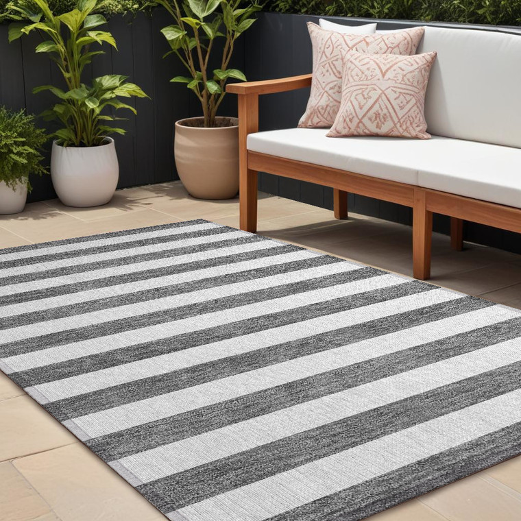 10' X 14' Charcoal Striped Washable Non Skid Indoor Outdoor Area Rug