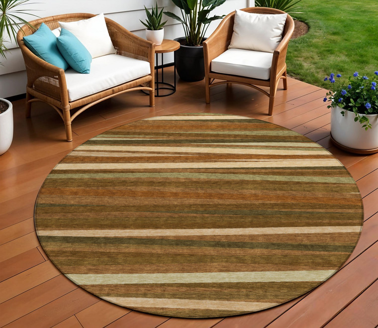 8' Brown Copper And Beige Round Striped Washable Indoor Outdoor Area Rug