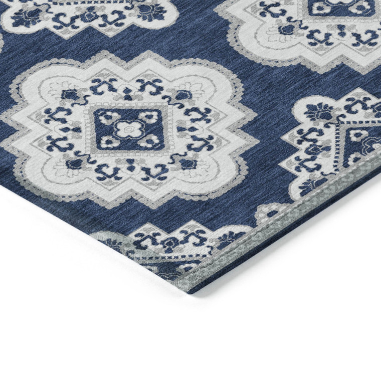 9' X 12' Navy Blue And Ivory Medallion Washable Indoor Outdoor Area Rug - Navy Blue, Ivory