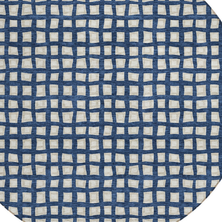 8' Navy Blue And Ivory Round Geometric Washable Indoor Outdoor Area Rug Transitional Style - Navy Blue, Ivory Color