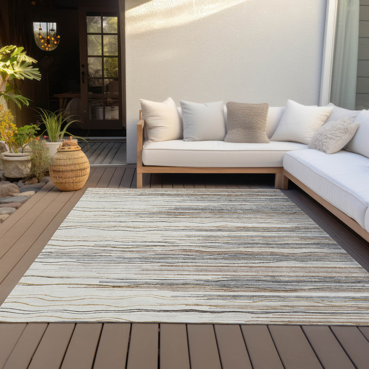 8' X 10' Ivory Brown And Gray Striped Washable Indoor Outdoor Area Rug