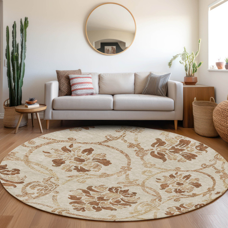 8' Terra Cotta Copper And Beige Round Floral Washable Indoor Outdoor Area Rug