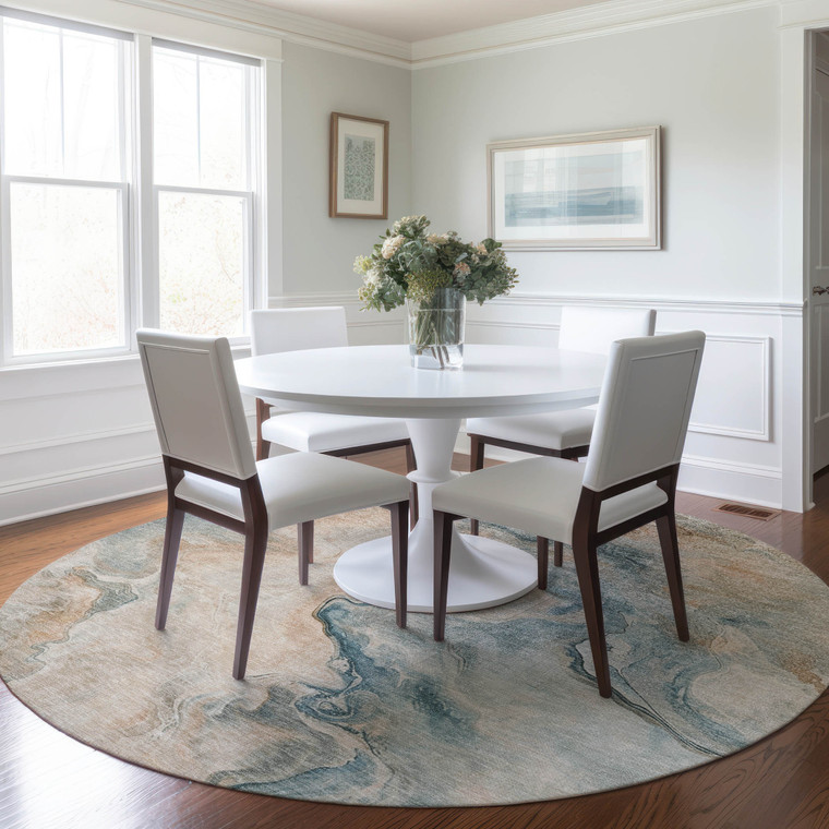 8' Teal Blue Coral And Ivory Round Abstract Washable Indoor Outdoor Area Rug