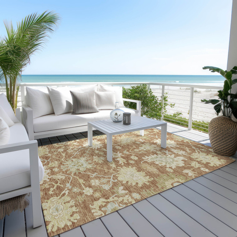 8' X 10' Copper Green And Ivory Floral Washable Indoor Outdoor Area Rug