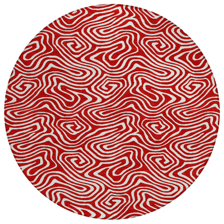 8' Red And Ivory Round Abstract Washable Indoor Outdoor Area Rug - 880016874006
