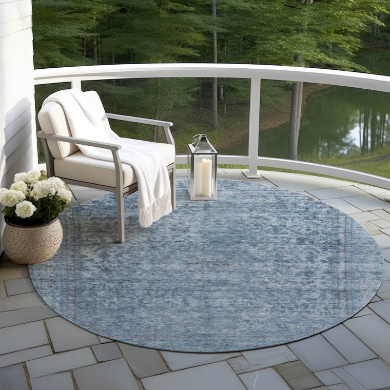 8' Blue And Beige Round Abstract Washable Indoor Outdoor Area Rug