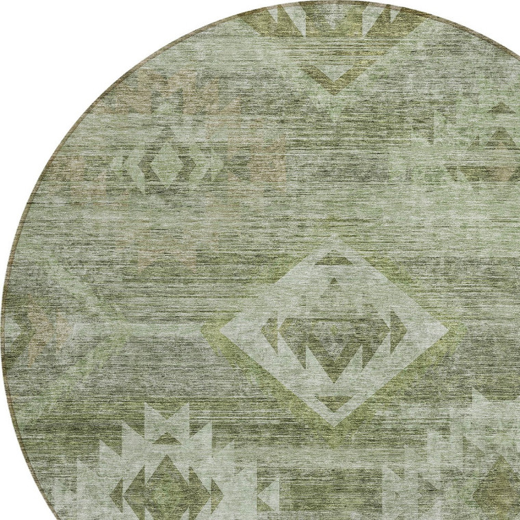 8' Olive Green And Fern Green Round Southwestern Washable Indoor Outdoor Area Rug - Olive Green, Fern Green