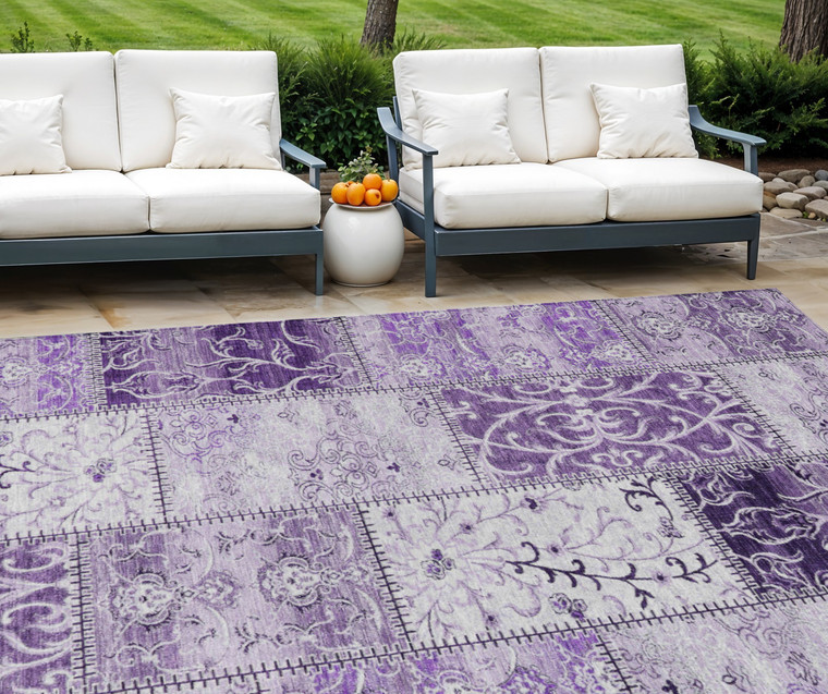 10' X 14' Purple Patchwork Washable Indoor Outdoor Area Rug