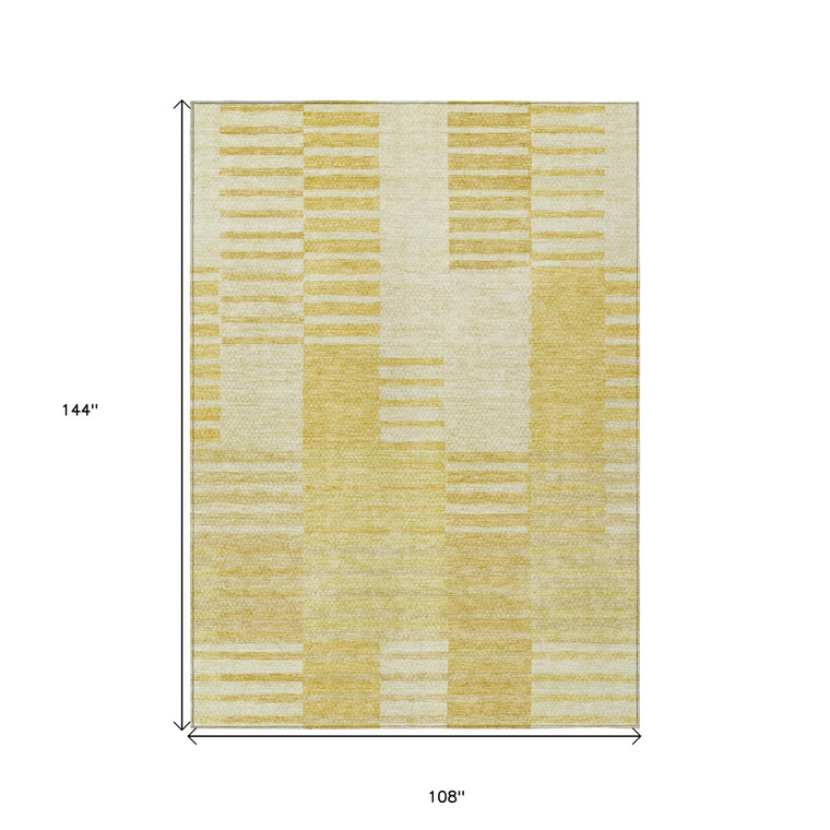 9' X 12' Gold Wheat And Ivory Striped Washable Indoor Outdoor Area Rug