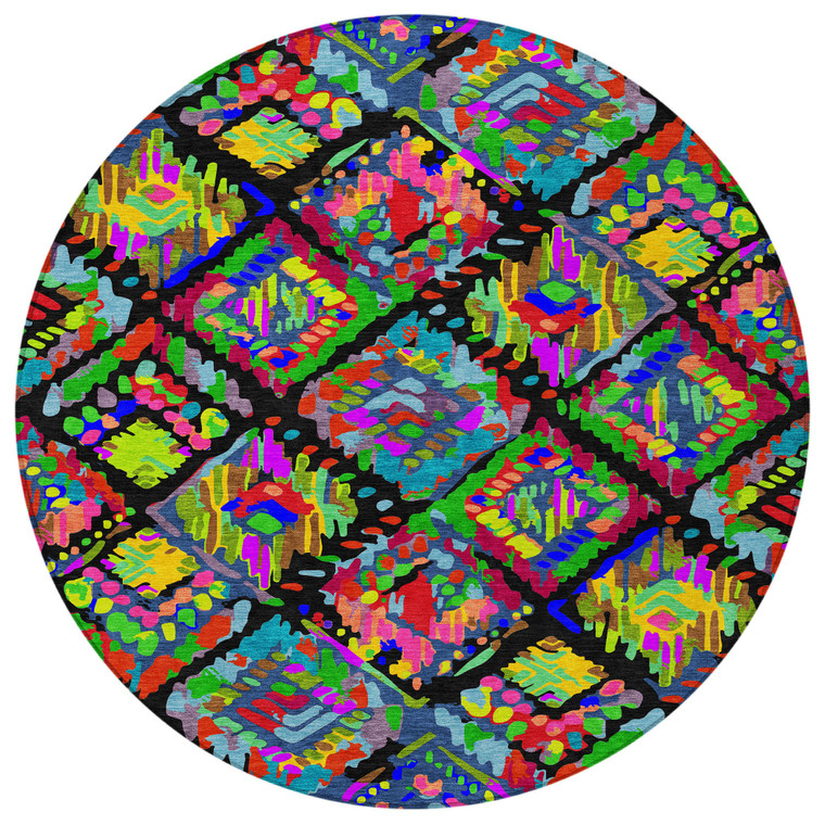 8' Black Yellow And Green Round Geometric Washable Indoor Outdoor Area Rug