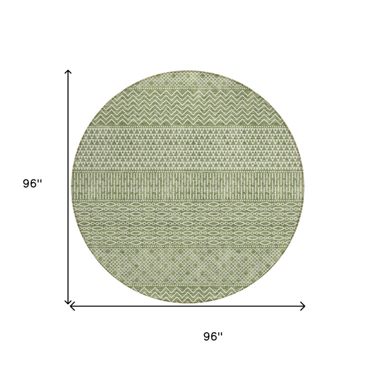 8' Green And Ivory Round Chevron Washable Indoor Outdoor Area Rug - 880016402971