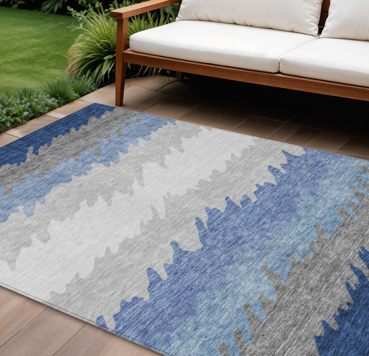 10' X 14' Navy Blue Gray And Silver Striped Washable Indoor Outdoor Area Rug