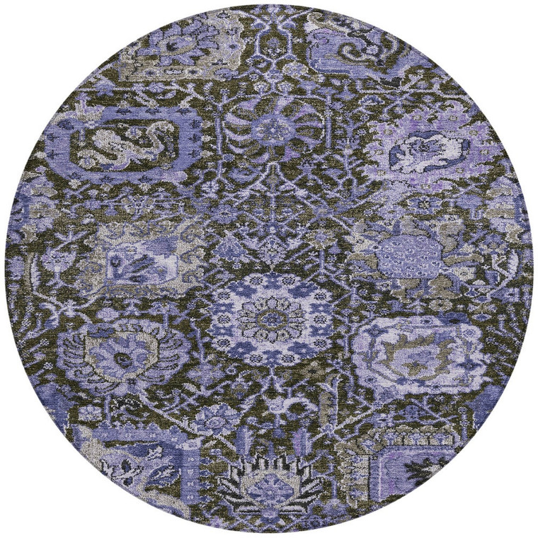 8' Purple And Black Round Damask Washable Indoor Outdoor Area Rug