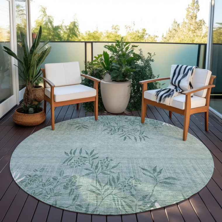 8' Sage Fern Green And Ivory Round Floral Washable Indoor Outdoor Area Rug