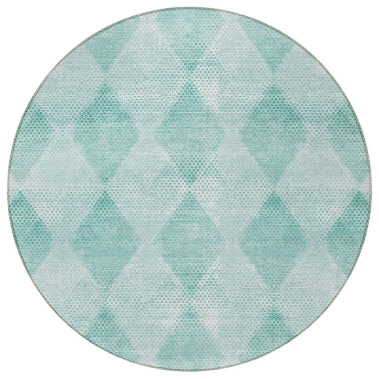 8' Round Teal Round Geometric Washable Non Skid Indoor Outdoor Area Rug