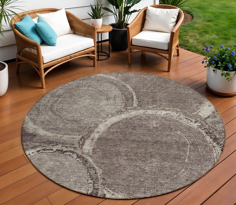 8' Chocolate And Beige Round Faux Bois Washable Indoor Outdoor Area Rug