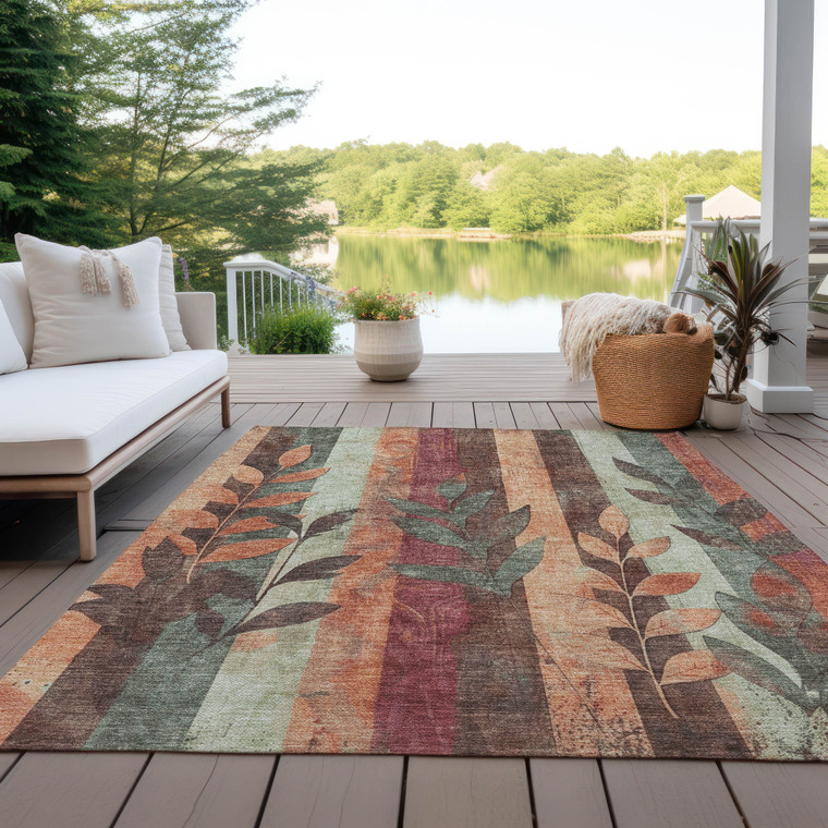 9' X 12' Terra Cotta And Sage Floral Washable Indoor Outdoor Area Rug