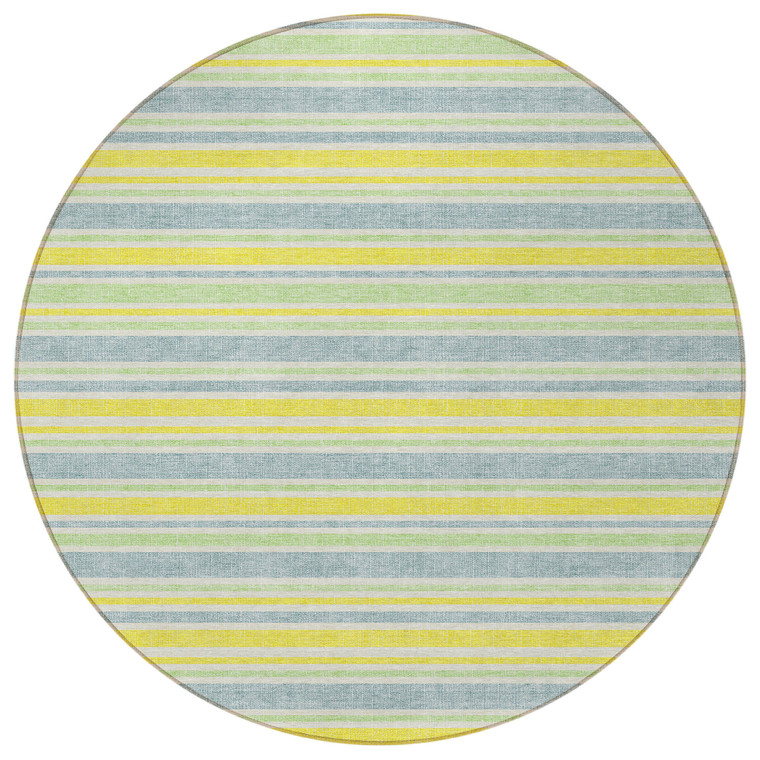 8' Round Blue and Yellow Round Striped Washable Non Skid Indoor Outdoor Area Rug